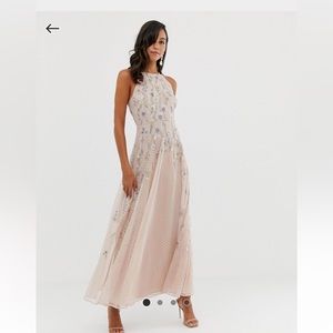 Asos embroidered neutral/baby pink bridesmaids dress